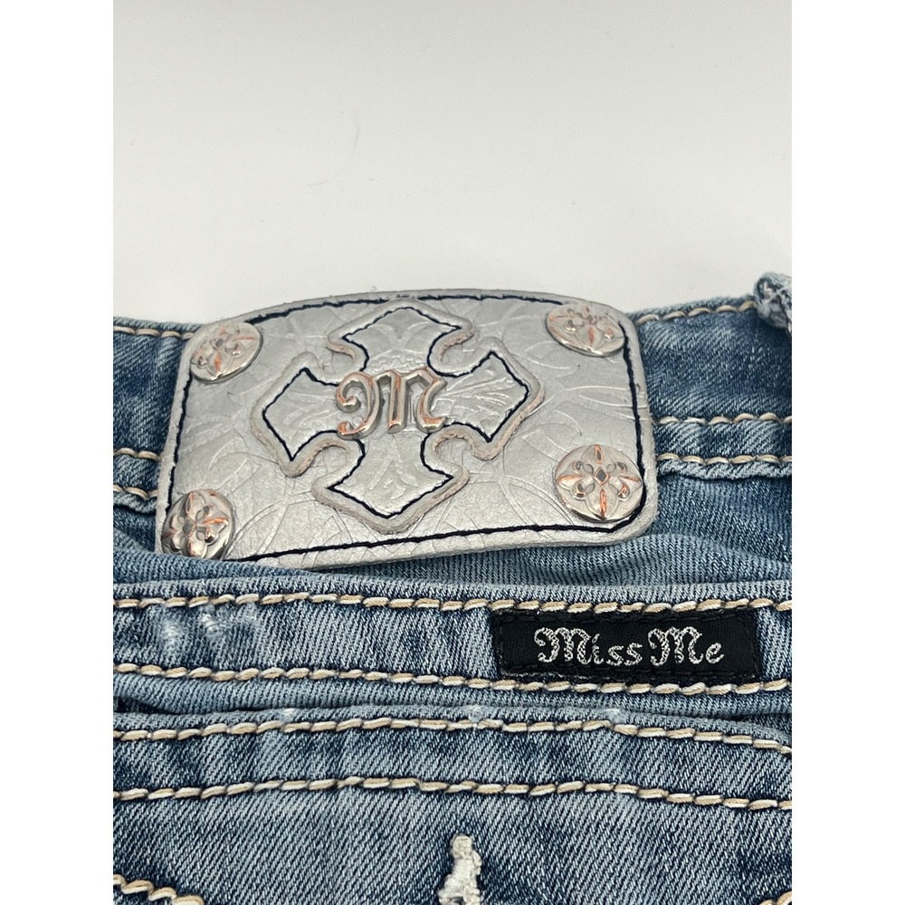 Miss Me Standard Boot Jeans 26 Wing Back Pocket Rhinestone Raw Hem Medium Wash - Picture 5 of 10